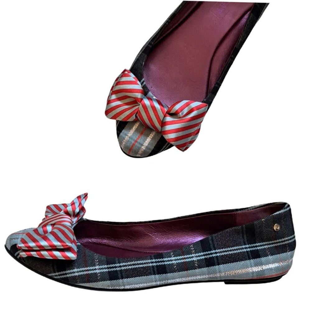 COACH Cambria Plaid Bow Toe Ballet Flats Red Gray Black Silver